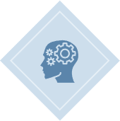 Head silhouette with gears inside, diamond background.